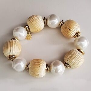 Spartina 449 Bahia Stretch Bracelet with Pearls & Raffia Beads Gold Plate Beachy